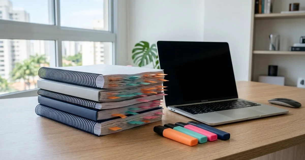 Pilha de quatro apostilas encadernadas em espiral, fechadas, com abas coloridas saindo pelas bordas, ao lado de um notebook com a tela apagada sobre uma mesa clara.