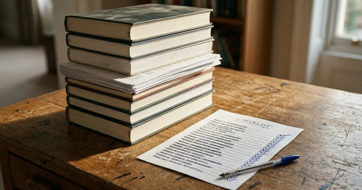 Pilha de livros de estudo fechados sobre uma mesa de madeira, ao lado de uma folha de checklist com todos os itens marcados a caneta azul.